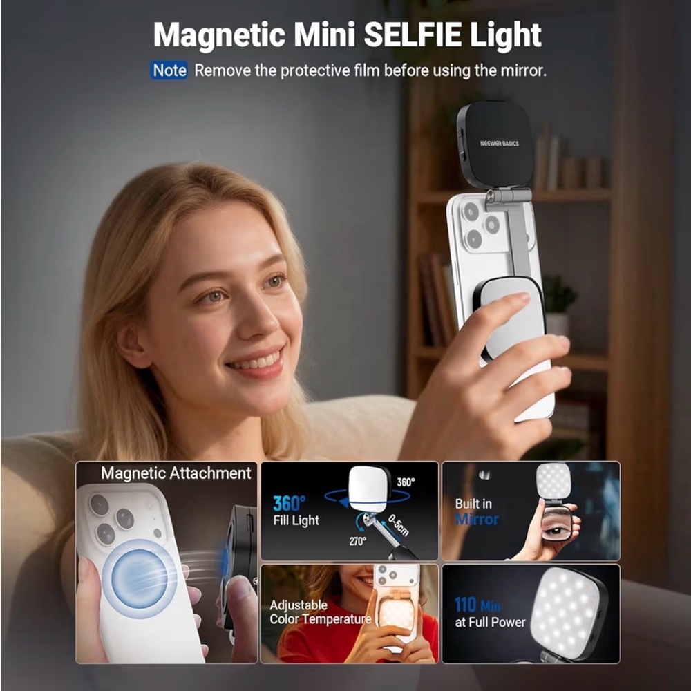Black LED Selfie Light with Mirror for Smartphones